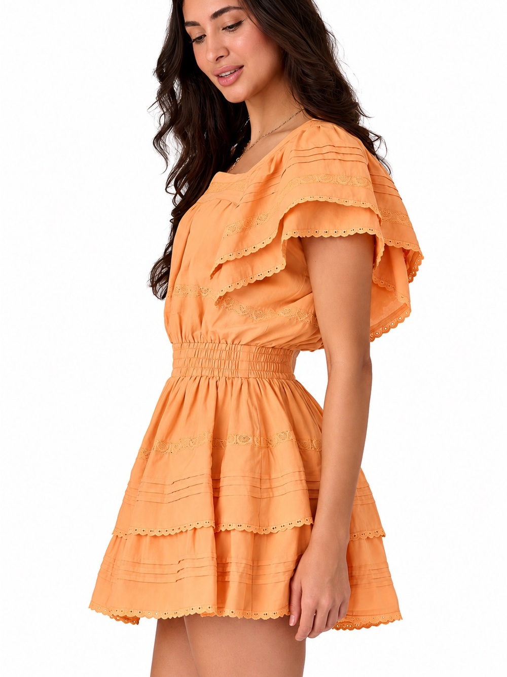 Smocked Waist Tiered Mini Dress in Peach
